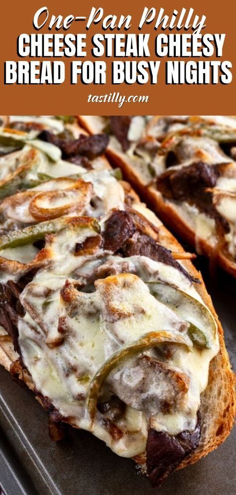 This fabulous one-pan Philly Cheese Steak Cheesy Bread tastes like a gourmet meal and is a proven crowd-pleaser. Tender Ribeye steak and fresh veggies are infused with Worcestershire sauce and layered with provolone slices over mayo-lathered French bread then toasted to melty perfection for a gathering with friends or a quiet dinner at home. Tender Ribeye Steak, Homemade Stromboli, Philly Cheese Steak Sandwich, Steak Sandwich Recipes, Cheesesteak Stuffed Peppers, Classic Meatloaf Recipe, Cheese Steak, Philly Cheese, Cheesy Bread