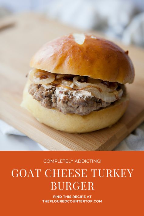 Did you see my recipe for these Pretzel Buns? If not, be sure to check them out! Because they are the best addition to these delicious Goat Cheese Turkey Burgers. The patties are flavorful, and the perfect addition to the Goat Cheese Spread- which has a little bit of sweetness, heat, and of course tanginess from the Goat Cheese itself and the A1 sauce I also mixed in there. It takes the flavor to a whole new level! Goat Cheese Turkey Burger, Goat Cheese Burger, Goat Cheese Spread, Pretzel Buns, Cheese Turkey, Pretzel Bun, Simple Dinner Recipes, Turkey Cheese, Burger Sauce