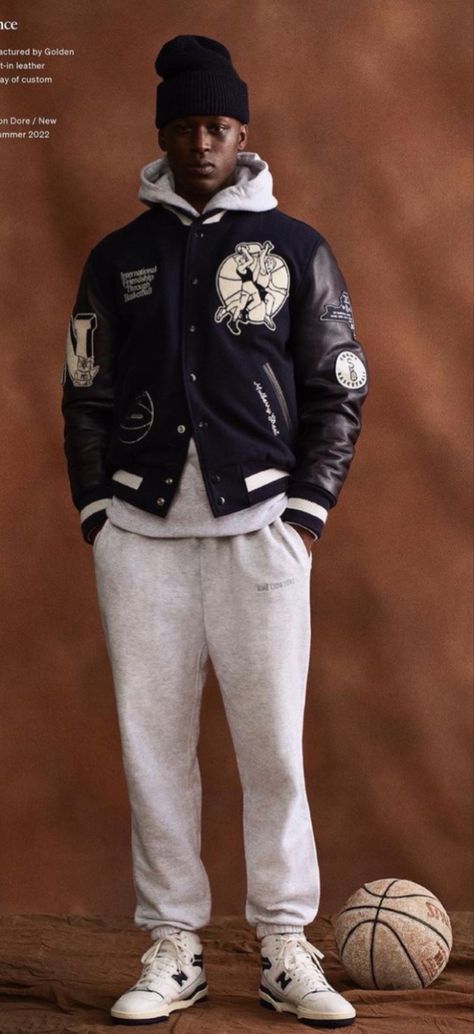 Aime Leon Dore Varsity Jacket, Aime Leon Dore Outfit, Varsity Jacket Photoshoot, Varsity Sweater Outfit, Sweater Outfits Men, Sweats Outfit, Leon Dore, Varsity Sweater, Aime Leon Dore