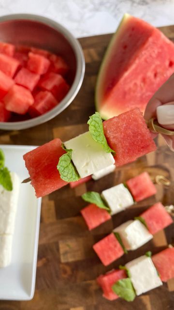 Kamper’s Kitchen on Instagram: "⁣🍉✨Watermelon, mint & feta skewers✨🍉 ⠀ ⠀ Today is NATIONAL WATERMELON DAY but you can make this delicious app all summer long 🤗 Don’t forget to drizzle with balsamic glaze! ⠀ ⠀ ⠀ #kamperskitchen #nationalwatermelonday #watermelon #feta #cheese #skewers #appetizer #summer #reel" Rhubarb Bars, National Watermelon Day, Grilled Watermelon, Crudite Platter, Watermelon Day, Birthday Lunch, Peach Ice Tea, Fruit Skewers, Skewers Grill