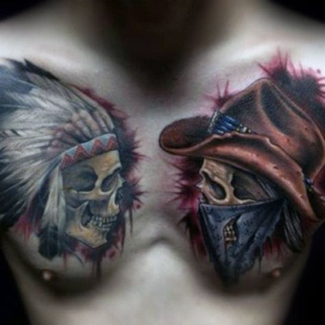 Cowboy And Indian Skulls Mens Chest Tattoos Indian Skull Tattoos, Native American Tattoo Designs, Cowboy Tattoos, Simple Branding, Native American Tattoo, Native American Tattoos, Worlds Best Tattoos, Indian Skull, Indian Headdress