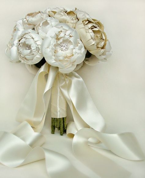 Image of Ivory, Off White and Cream Silk Catala and Peony Bridal Bouquet Fabric Bridal Bouquet, Peony Bridal Bouquet, Silk Flower Bouquet, Fabric Flower Bouquet, Jeweled Bouquet, Bridal Bouquet Peonies, Silk Bouquet, Silk Flower Bouquets, Beautiful Tiaras