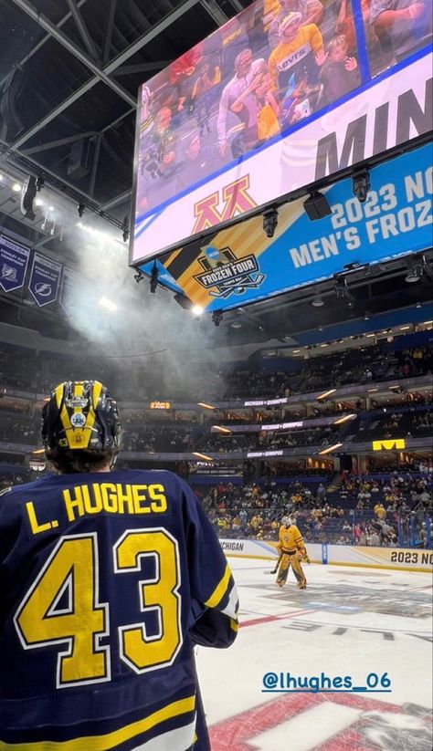 University Of Michigan Hockey, Umich Aesthetic, Michigan Wolverines Hockey, U Michigan, Luke Hughes, Michigan Hockey, Hughes Brothers, Nhl Wallpaper, University Of Michigan Wolverines