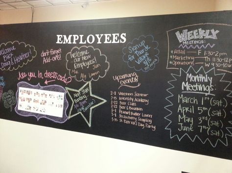 Employee chalk board wall #diy Reconigtion Board, Employee Board Ideas Offices, Employee Information Board, Employee Breakroom Ideas, Employee Of The Month Board Ideas Diy, Workplace Motivation Board, Employee Break Room Decorating Ideas, Employee Wall Ideas, Fun Office Decor Workspaces