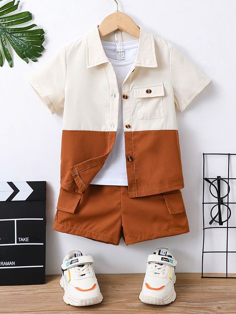 Multicolor Casual Collar Short Sleeve  Colorblock  Embellished Non-Stretch  Toddler Boys Clothing Boys Shirts Style, Summer Wear For Boys, Everyday School Outfits, Boys Shirts Pattern, Boys Summer Fashion, Kids Shirts Design, Childrens Clothes Boys, Shein Kids, 2piece Outfits