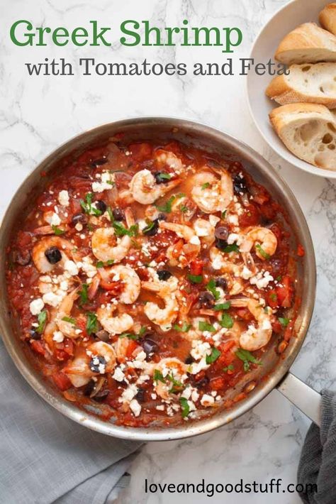 Shrimp With Tomatoes, Greek Shrimp, Tomatoes And Feta, Quick And Easy Appetizers, Seafood Appetizers, Shrimp Dishes, Kalamata Olives, Tomato Recipes, How To Cook Shrimp