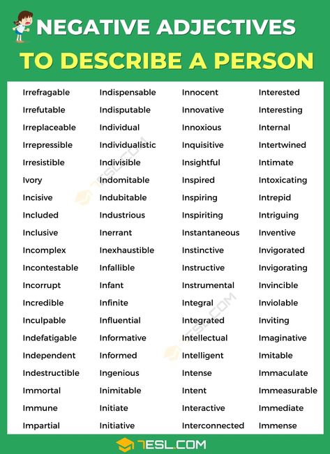 Negative Adjectives to Describe a Person Negative Adjectives To Describe People, Negative Adjectives, Adjectives To Describe People, Personality Adjectives, Describe A Person, Words To Describe People, Expand Your Vocabulary, Story Tips, Study English Language