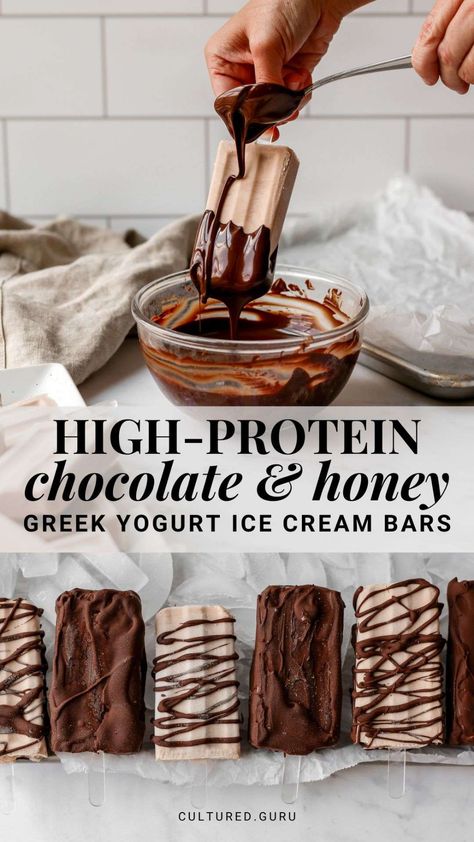 These chocolate and honey Greek yogurt ice cream bars are the perfect summer snack or dessert! They're made with high-protein, low-fat Greek yogurt, honey, and chocolate caramel LMNT electrolytes. Then, they're drizzled or dipped in rich dark chocolate. #yogurt #icecream #chocolate #popsicle #icecreambar Greek Yogurt Ice Cream Bars, Yogurt Ice Cream Bars, Holistic Desserts, Lmnt Electrolytes, Greek Yogurt Ice Cream, Greek Yogurt Popsicles, Chocolate Popsicle, Greek Yogurt Honey, Frozen Greek Yogurt