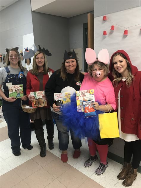 National Young Readers Week. Dress as your favorite book character. Kindergarten teachers dress as If You Give a Mouse a Cookie, If You Give a Moose a Muffin, If You Give a Cat a Cupcake, If You Give a Pig a Party and Little Red Riding Hood. If You Give A Moose A Muffin Costume, Dress As Your Favorite Book Character, Muffin Costume, Storybook Character Costumes, Cookie Costume, Book Character Day, 2023 School, Mouse A Cookie, Teacher Costumes