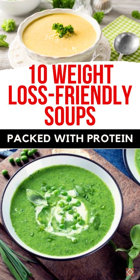 Craving comfort food that supports weight loss? These 10 high-protein soups are ideal for feeling full and satisfied! Each soup features protein-rich ingredients like beans, lentils, and lean meats, keeping calories low but nutrition high. Save this pin to discover hearty, cozy soups that help with weight management while tasting incredible. Creamy Protein Soup, Protein Filled Soup, High Protein Creamy Soup, High Protein High Fiber Soup, Easy High Protein Soup, High Protein Soups Healthy, High Protein Vegetarian Soup, Healthy High Protein Soup, High Protein Low Calorie Soup