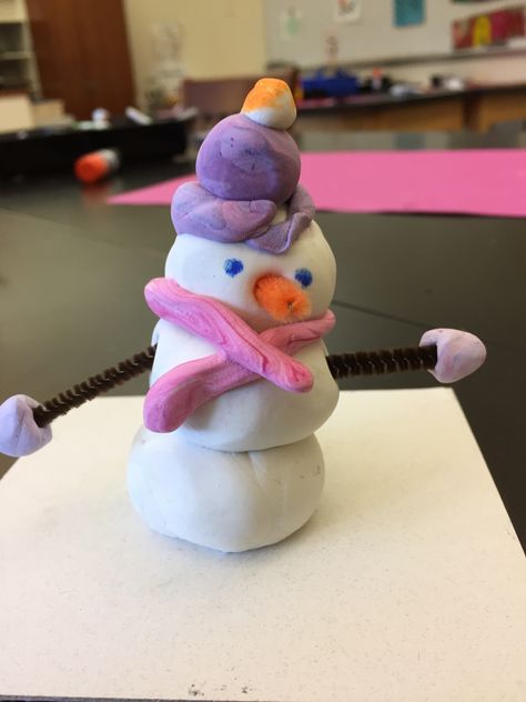 Snowman. Model Magic Clay. First Grade. Clay colored using markers. Model Magic Snowman, Model Magic Clay, Clay Snowman, Snowman Photos, Class Art Projects, Model Magic, Paper Mache Clay, Holiday Snowmen, Kindergarten Crafts