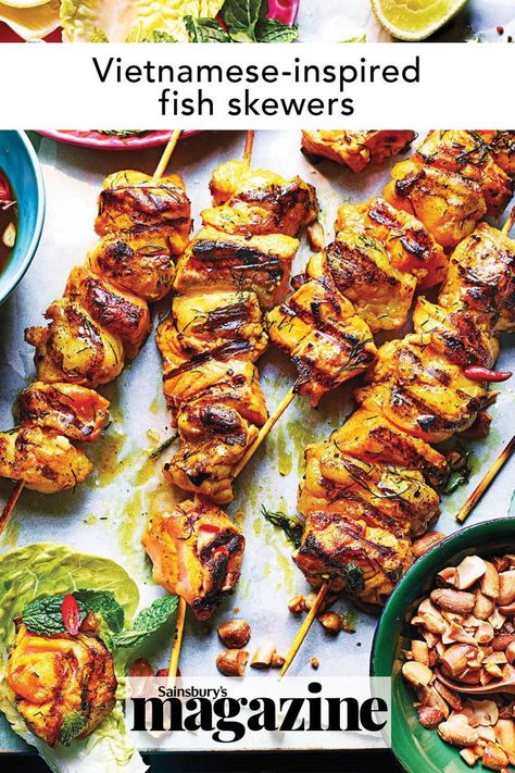 A delicious and easy barbecue recipe, these Vietnamese-inspired fish skewers with a nuoc cham dipping sauce are bursting with vibrant flavours. You can cook them on the bbq or grill, and the marinade would also work well with chicken, tofu, cauliflower or even whole mackerel fillets. Get the Sainsbury's magazine recipe Fish Bbq Recipes, Bbq Fish Recipes, Tofu Cauliflower, Fish Skewers, Sizzling Recipe, Back Pain Relief Exercises, Barbecue Recipe, Magazine Recipe, Gluten Free Bbq