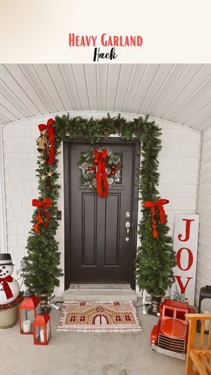 25K views · 3.7K reactions | Heavy Garland - Hanging Hack 🎄🎄  So here I have two very full, 9 ft garlands from Amazon. Much to heavy for command hooks or anything like that. I don’t want a bunch of holes drilled into the siding around the door, so we created this simple frame with pvc pipe.   -first I connected the two garlands together, then measured around the door.   -I used 1 inch pvc pipe, and couplers to hold them together. The stands at the bottom here are 12 inches each (2 for each side) I used a three way coupler to connect the stand.  -Next I zip-tied the garland to the pvc frame. All along the top, and along the sides down to the bottom. You can also use wire. I like zip-ties better!   My garlands are plug ins, but there is a battery option available as well!   Comment SHOP be Cherish Larsen, Outdoor Christmas Trees, Pvc Frame, Outdoor Christmas Tree, Simple Frame, Command Hooks, Zip Ties, Pvc Pipe, Christmas Garland