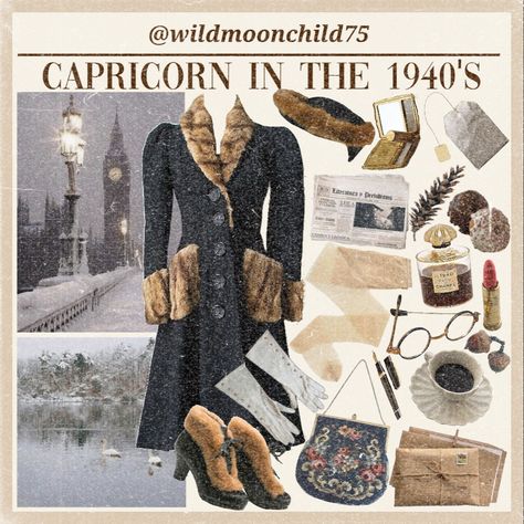 1940s Moodboard, 1940s Style Outfits, Wine Aunt, Poppy Fashion, 1940s Aesthetic, Capricorn Aesthetic, 1950s Decor, Astrology Capricorn, Vintage Zodiac