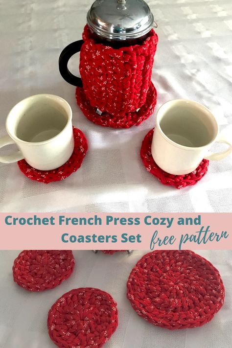 Crochet press cozy and coaster set free pattern is a simple design great for beginners. Crochet coaster free pattern round, crochet cozy free pattern are made with chunky t-shirt yarn and is great crochet pattern for your home decor. #crochetcoasterfreepattern #crochetcozyfreepattern #patternforbeginners #tshirtyarnpattern #crochethomedecorpattern Crochet Coaster Free Pattern, French Press Cozy, Coffee Cozy Pattern, Crochet Coffee Cozy, Crochet Coffee, Crochet Coasters Free Pattern, Tshirt Yarn, Cozy Pattern, Round Crochet