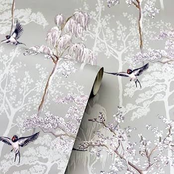 Japanese Garden Wallpaper, White And Silver Wallpaper, Wildlife Wallpaper, Wallcovering Pattern, Japanese Bird, Stylish Wallpaper, Feature Wallpaper, Silver Wallpaper, Garden Wallpaper