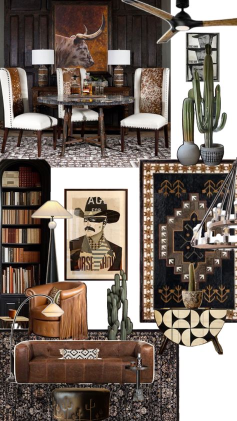 Moodboard, cowboy, aesthetics, design, interior Cowboy Living Room, Southwestern Interior Design, Southwestern Interior, Western Living Room, Western Aesthetic, Interior Design Mood Board, Mood Board Design, Aesthetic Collage, Home N Decor