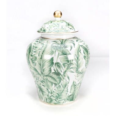 Bay Isle Home Murtaz Porcelain Jar | Wayfair Coastal Ginger Jars, Home Furnishing Products, Breeze Color, Jar Collection, Shelves Ideas, Leaf Patterns, Green Beach, China Cabinets, 2000s Movies