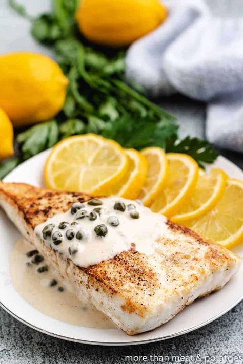 Pan Seared Halibut Recipes, Fried Halibut, Pan Seared Halibut, Seared Halibut, Halibut Recipe, Lemon Caper Sauce, Seared Fish, Lemon Cream Sauces, Halibut Recipes