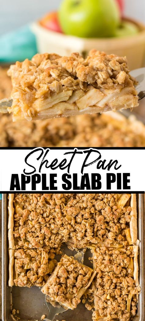 Apple season is in full swing, and what better way to celebrate than with a delicious apple slab pie? Gooey cinnamon and brown sugar apples baked on top of a buttery pie crust and finished off with a delightful oat crumble - make this easy sheet pan apple pie a fall staple! | www.persnicketyplates.com Apple Sheet Pie Recipe, Sheet Pan Apple Crumble, Apple Pie Sheet Cake Recipe, Slap Apple Pie, Easy Sheet Pan Apple Pie, Apple Crumb Slab Pie, Apple Pie Sheet Pan, Apple Slab Pie With Crumb Topping, Apple Sheet Pie