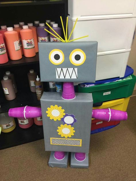 Maker Fun Factory Vbs 2017, Maker Fun Factory Vbs, Cardboard Robot, Box Robot, Maker Fun Factory, Robot Craft, Recycled Robot, Robot Birthday Party, Robot Theme