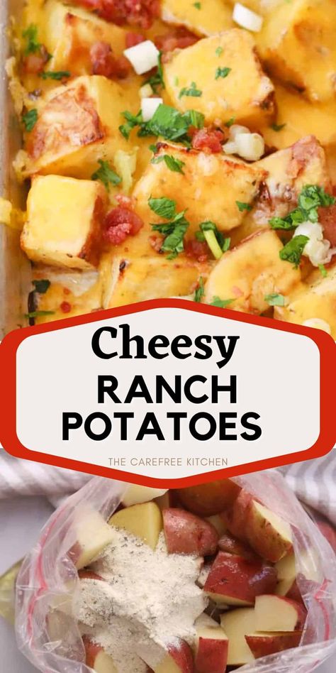 Our Cheesy Bacon Ranch Potatoes are made with red potatoes that have been tossed in ranch dressing mix, oven-roasted and smothered in gooey cheddar cheese and bacon bits.  Talk about a side dish that the whole family will love! #potatoes #Sidedish #cheesy Ranch Red Potatoes, Ranch Dressing Potatoes, Cheesy Bacon Ranch Potatoes, Ranch Potato Recipes, Baked Red Potatoes, Oven Roasted Red Potatoes, Baked Potato With Cheese, Cheesy Ranch Potatoes, Red Potato Recipes