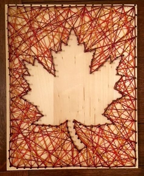 Thread And Nail Art, Fall String Art, Leaf String Art, String Art Patterns Free, Mops Crafts, Cabin Crafts, String Wall Art, Nail String Art, String Crafts