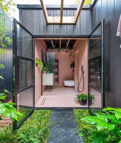 Family's 450 sq. ft. Garden Shed Home with a Pink Bathroom Concrete Bathtub, Indoor Outdoor Bathroom, Outdoor Bathtub, Shed Home, Outdoor Bathroom, Pink Baths, Biophilic Design, Outdoor Bathrooms, Uk Homes