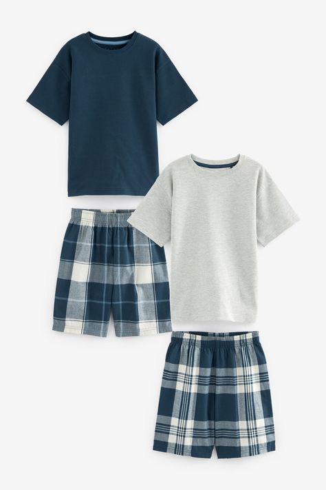 Stock up on nightwear essentials with this handy 2-pack of pyjamas, featuring a mix and match grey and blue t-shirt crafted from a textured cotton, alongside coordinating check print shorts with elasticated waistbands. Machine washable. Pyjama Top and 2 x Pyjama Bottom 100% Cotton.  Pyjama Top 95% Cotton, 5% Viscose. Boys Pjs, Boys Nightwear, Boys Sleepwear, House Clothes, Tshirt Crafts, Kids Clothes Boys, Soft Clothes, Baby Brother, Boys Pajamas