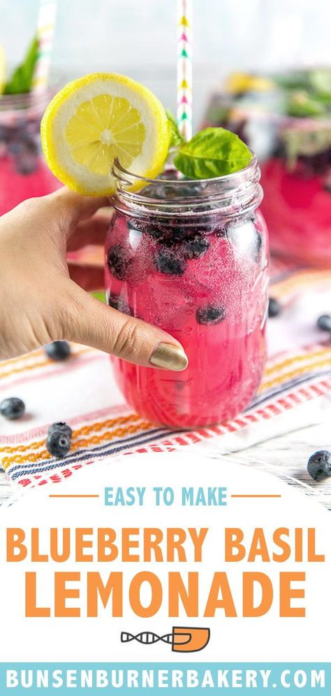 Quench your summer thirst with a glass of Blueberry Basil Lemonade! Packed with the goodness of fresh blueberries and a hint of fragrant basil, this easy-to-make recipe is perfect for picnics, barbecues, or simply lounging in the sun. Easy Homemade Lemonade, Basil Drinks, Blueberry Drinks, Blueberry Basil, Summer Vegetarian Recipes, Basil Tea, Basil Lemonade, Homemade Lemonade Recipes, Lemonade Cocktail