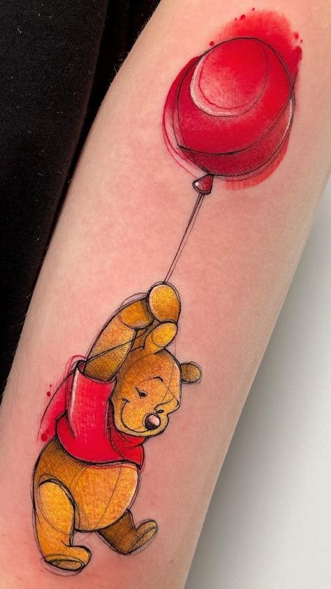 Winnie the Pooh by Marta Pari, an artist at Poison Tattoo Studio in Brescia, Italy. https://tattoo-ideas.com/winnie/ #tattooideafridays #tattoos #ink #tattooideas #tattoo #tattooart #tattoostyle #tattooaddict #tattoodesign 67 Tattoo, Winnie The Pooh Tattoo, Cute Disney Tattoos, Pooh Tattoo, Winnie The Pooh Tattoos, Balloon Tattoo, Tattoo Templates, Tattoo Women, Shoulder Tattoos For Women