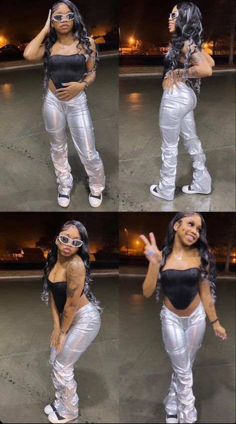 Ice Spice Concert Outfits, Sliver Outfit Ideas Black Women, Sliver Outfit Black Women, Grey Birthday Outfits, Chrome Birthday Outfit, Silver Pants Outfit Black Women, Silver Leather Pants Outfit, Chrome Outfit Black Women, Concert Outfit Ideas Baddie