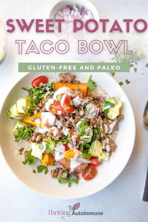 Sweet Potato Taco Bowl (Paleo, Whole30) Aip Taco Bowl, Aip Taco Salad, Aip Sweet Potato Recipes, Simple Paleo Dinner, Potato Taco Bowl, Aip Sweet Potato, Autoimmune Diet Plan, Aip Lunch, Aip Protocol