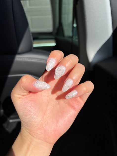 milky white nails with pearl hearts 🤍 #nails #nailart #hands #pearl #aesthetic White Nails With Pearl Heart, Milky White Nails With Pearls, White Nails Pearl, Nails With Pearl, Creative Nail Ideas, Hart Shape, Hearts Nails, Nails Pearl, Milky White Nails