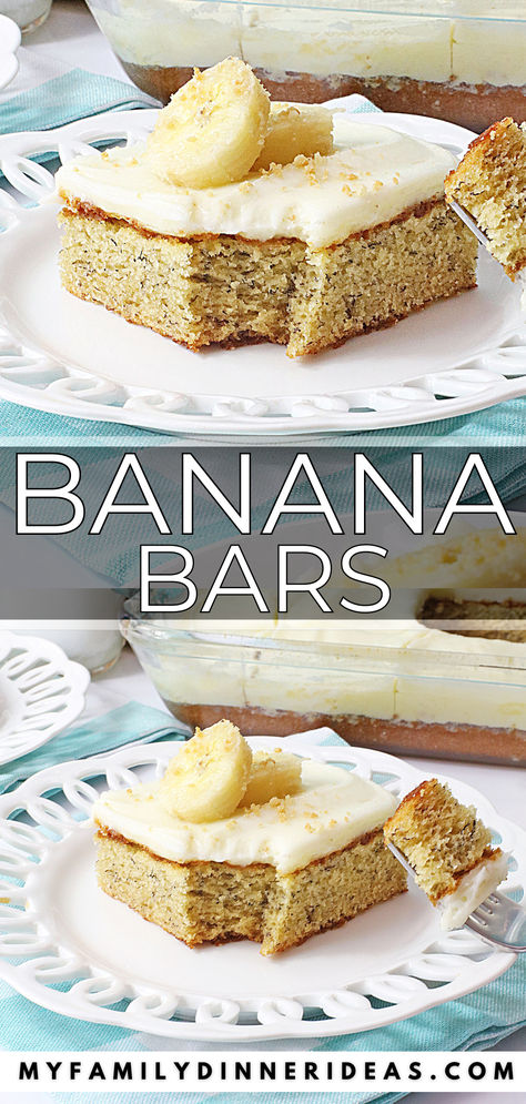 Banana bars Banana Snicker Bars, Banana Bars With Maple Frosting, Best Banana Bars With Cream Cheese Frosting, Cream Cheese Frosted Banana Bars, Frosted Banana Bars Taste Of Home, Banana Bars, Banana Split, Banana Flavored, Homemade Treats