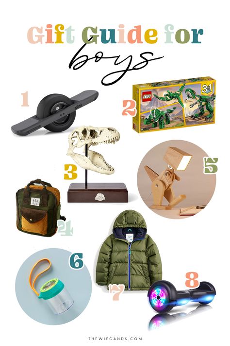 Gift Guide for Boys: One-wheel, legos, dinosaurs, boy clothes, boy gifts, boy toys, hopverboard. #giftsforhim #giftguide #boygifts Gifts For Toddler Boys, Toddler Boy Gifts, Toddler Christmas Gifts, Boy Gifts, Heirloom Gifts, Boy Toys, Be Grateful, Boy Clothes, Toddler Gifts