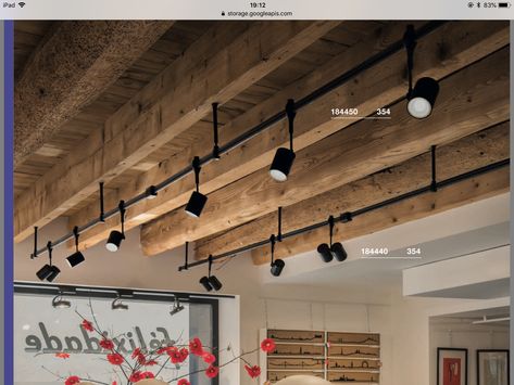 Lighting In Exposed Ceiling, Open Rafter Lighting Ideas, Exposed Beam Ceiling Lighting, Lights On Beams Ceilings, Rafter Lighting, Lighting On Beams, Exposed Ceiling Lighting, Industrial Track Lighting, Rustic Track Lighting