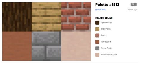 Minecraft Block Palette Spruce, Minecraft Brick Palette, Minecraft Palettes, Minecraft Palette, Minecraft Pallets, Brick Palette, Minecraft Guides, Block Pallets, Minecraft Rooms