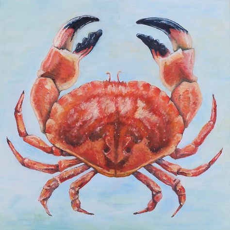 Oil painting of an orange crab on a blue background Crab Oil Painting, School Artwork, Jute Tas, Sea Life Painting, Background Sea, Crab Painting, Different Drawing Styles, Pillow Drawing, Dinosaur Sketch