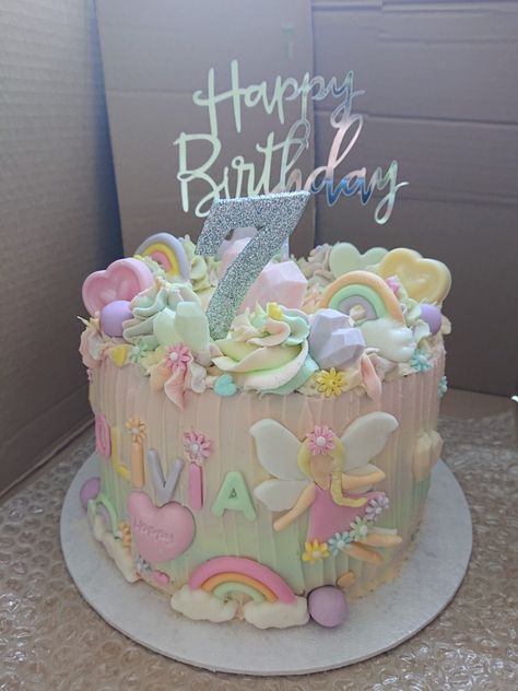 Fairy and rainbows birthday cake. Pink girls. Fairy And Rainbow Cake, Fairy Garden Cake, Birthday Cake Pink, Rainbow Fairy, Rainbow Birthday Cake, Family Cake, 2 Tier Cake, Rainbow Fairies, Garden Cakes