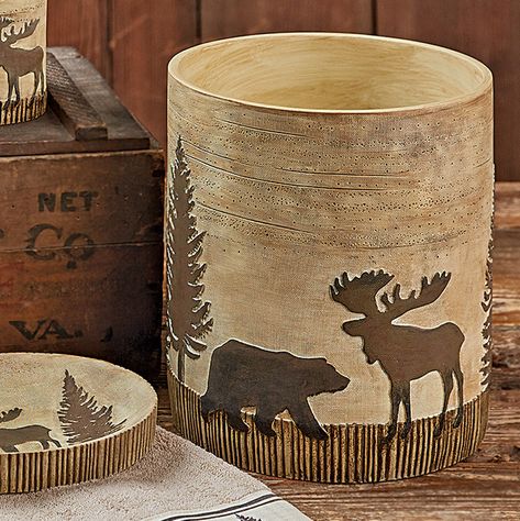 Woodland Moose & Bear Waste Basket - OUT OF STOCK Lodge Look, Black Forest Decor, Waste Baskets, Toothbrush Holders, Forest Decor, Cabin Style, Tree Silhouette, Rustic Bathroom, Waste Basket