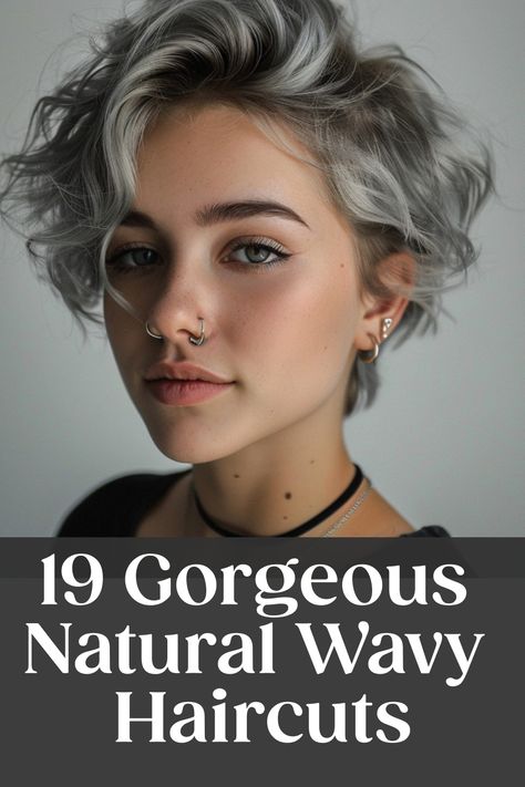 A person with short wavy hair and a nose piercing, with text overlay reading '19 Gorgeous Natural Wavy Haircuts'. Shorter Medium Length Haircut, Edgy Short Wavy Hair, Shorter Haircuts For Wavy Hair, Layers For Wavy Hair Short, Short Hairstyle Wavy Hair Women, Shorter Haircuts For Curly Hair, Pixie Wavy Hairstyles For Women, Short Haïr Cut For Wavy Hair Girl, Cute Short Hairstyles For Wavy Hair