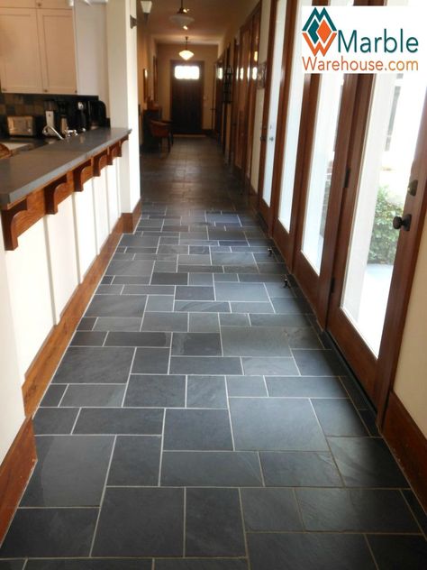 Slate To Hardwood Transition, Mcm Slate Floor, Black Slate Mudroom Floor, Tudor Entryway, Tiles Design For Hall, Entrance Flooring, Grey Slate Tile, Tile For Floor, Slate Bathroom