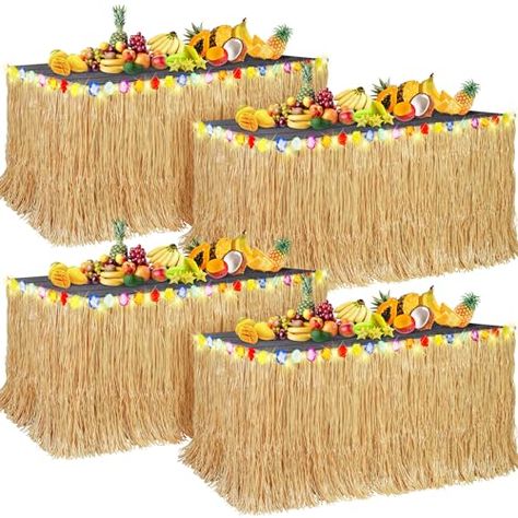 Aneco 4 Pieces Luau Grass Table Skirt Hawaiian Table Skirt Grass Skirt Table Fringe with LED String Light for Tropical, Hawaiian Themed, Birthday Party (Natural) Table Skirts, Flowers Simple, Grass Skirt, Tropical Birthday, Table Skirt, Themed Birthday Party, Luau Party, Led String Lights, Summer Parties