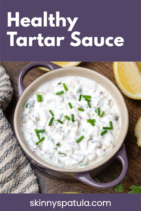 This delicious and healthy tartar sauce without mayo pairs perfectly with all your favorite seafood dishes. Made with low-fat Greek yogurt, this low-calorie tartar sauce is easy to whip up in just 5 minutes. Healthy Tartar Sauce, Homemade Tartar Sauce Easy, Tatar Sauce, Healthy Tart, Make Tartar Sauce, Low Calorie Sauces, Sauce Tartare, Homemade Tartar Sauce, Greek Yogurt Recipes