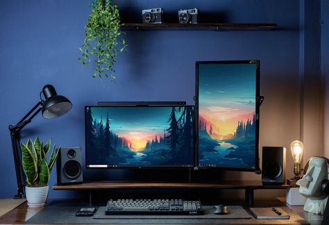 Monitor Setup, Vibe Rooms, Dual Monitor Setup, Space Saving Bedroom, Gaming Desk Setup, Computer Desk Setup, Home Studio Setup, Streaming Setup, Desktop Setup