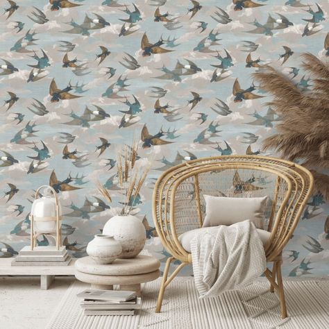 Swallow Wallpaper, Swallows Wallpaper, Chimney Swift, Wallpaper Bathroom, Pool Bath, Feature Wallpaper, John Derian, Girl’s Room, Fashion Wallpaper