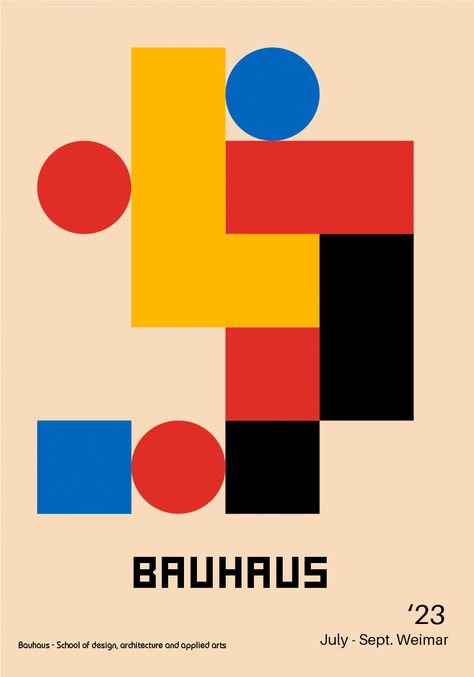 Bauhaus-inspired poster with geometric shapes in red, blue, yellow, and black on a neutral background. Bauhaus Illustration, Bauhaus Design Poster, Bauhaus Graphic Design, Bauhaus Poster Design, Bauhaus Posters, Bauhaus Colors, Bauhaus School, Office Creative, Bauhaus Exhibition