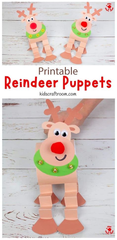 This Reindeer Puppet Printable Craft is so fun! With wibbly wobbly legs and bright red noses it's a great Rudolf The Red Nosed Reindeer craft for kids. They're really easy to make and the printable Christmas craft reindeer template comes in B/W and full colour. #kidscraftroom #kidscrafts #christmascrafts #reindeercrafts #rudolftherednosedreindeer #puppets #reindeerpuppet Reindeer Puppet, Christmas Puppets, Reindeer Template, Puppet Printable, Reindeer Crafts, Printable Craft Templates, Puppet Craft, Kids Craft Room, Reindeer Craft