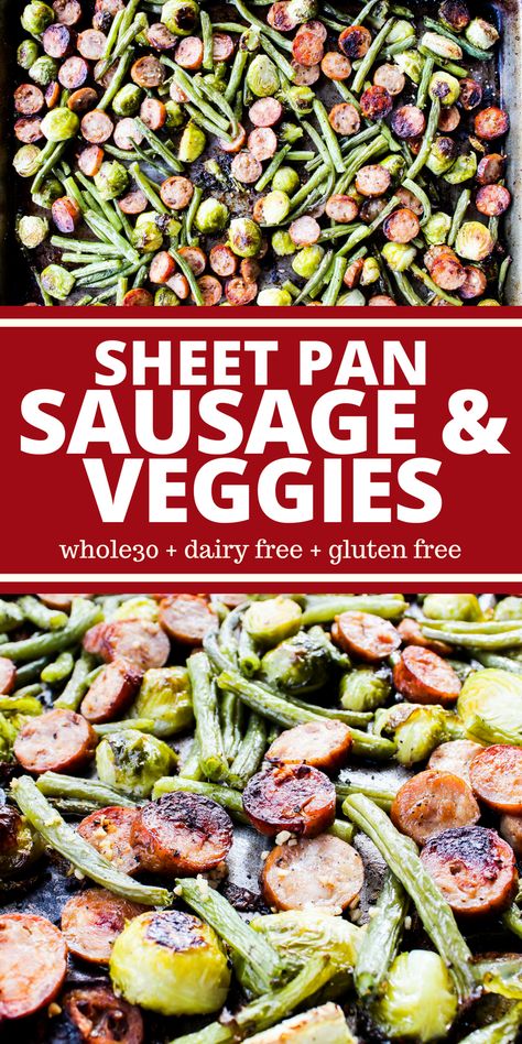 It doesn't get easier than this Sheet Pan Sausage & Veggies dinner! Everything cooks together on one pan for a delicious and healthy meal! Plus it's all Whole30 compliant, dairy free, and gluten free. Veggies Dinner, Sheet Pan Sausage, Pan Sausage, Sheet Pan Dinners Recipes, Healthy Recipes Clean, Pan Dinners, Pan Meals, Andouille Sausage, Pan Recipes